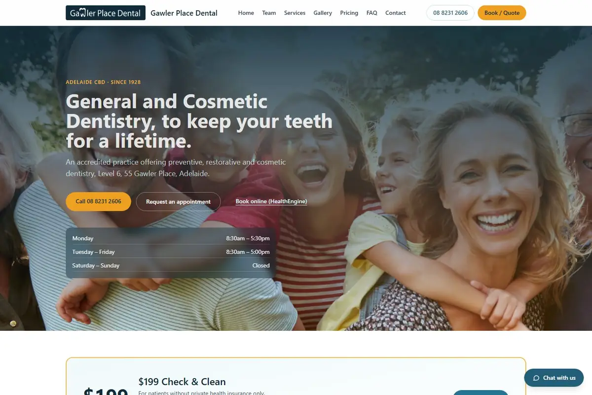 Screenshot of the Gawler Place Dental demo website, a fictional Adelaide dental practice, showing the hero with call and booking buttons and opening hours