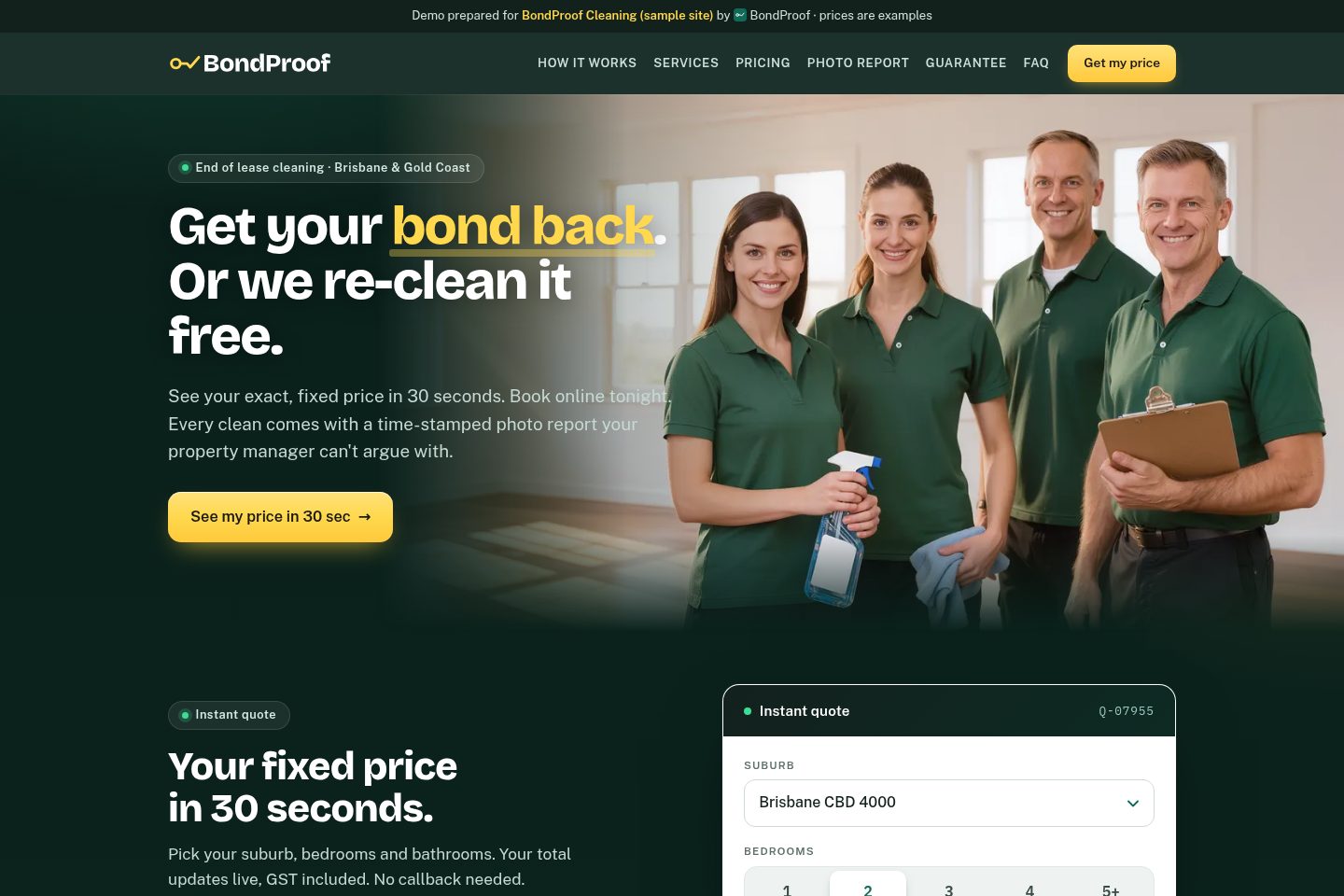 Screenshot of the BondProof Cleaning demo website